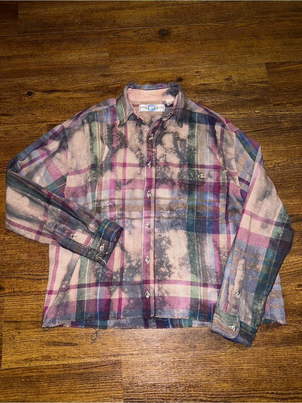 Vintage Cropped Flannel Distressed Tie Dye Plaid Button Up Cotton Shirt Size L